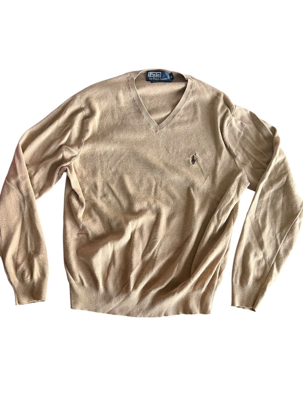 VTG Polo Ralph Lauren Pima Cotton V Neck Sweater Men M Beige Tan Preppy Classic